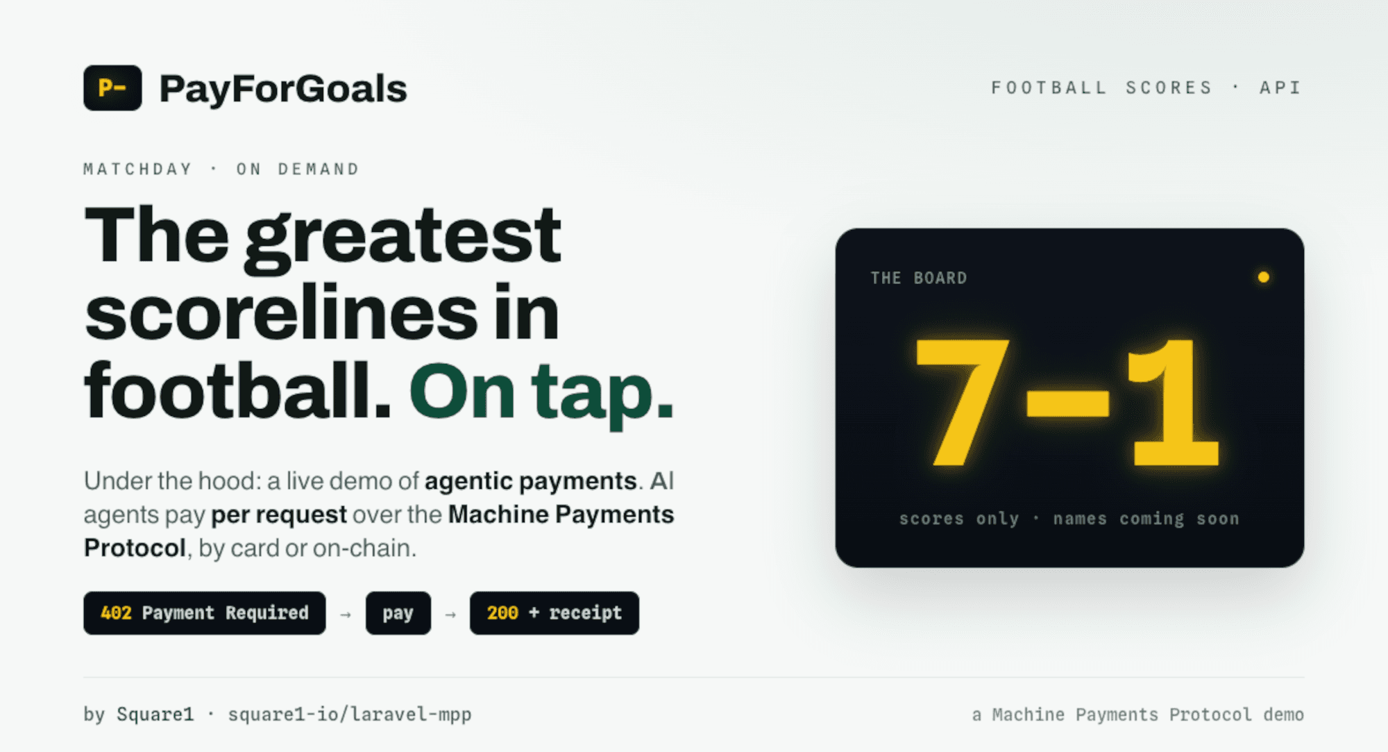 PayForGoals demo website offering football scorelines through a paid API