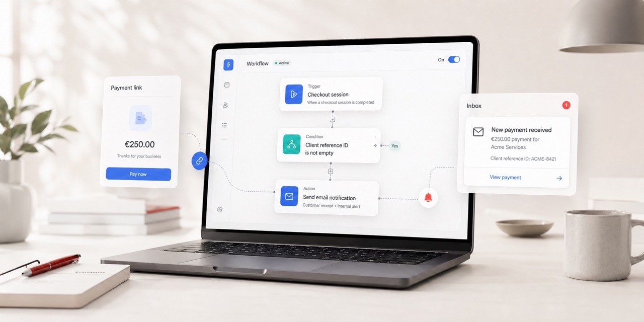 Illustration of a Stripe payment workflow and a payment notification on a laptop