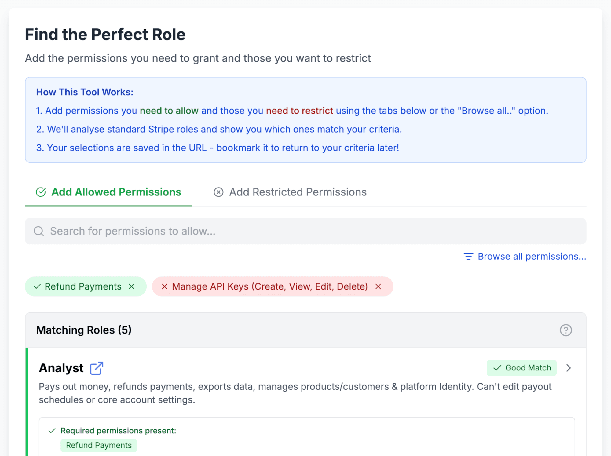 Stripe role mapper showing matching roles for allowed and restricted permissions