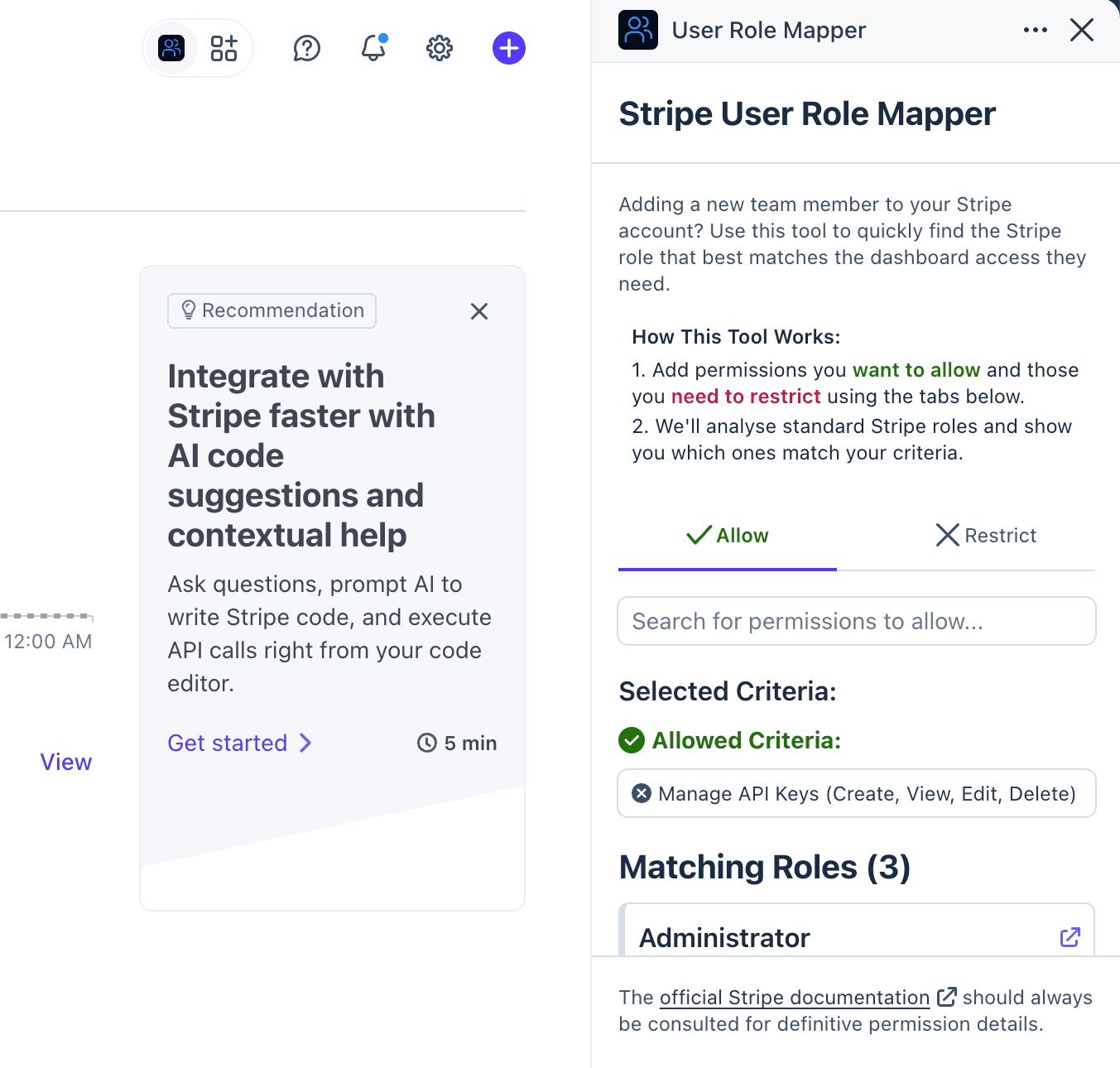 User Role Mapper Stripe App open in the Stripe Dashboard side drawer during team member invite