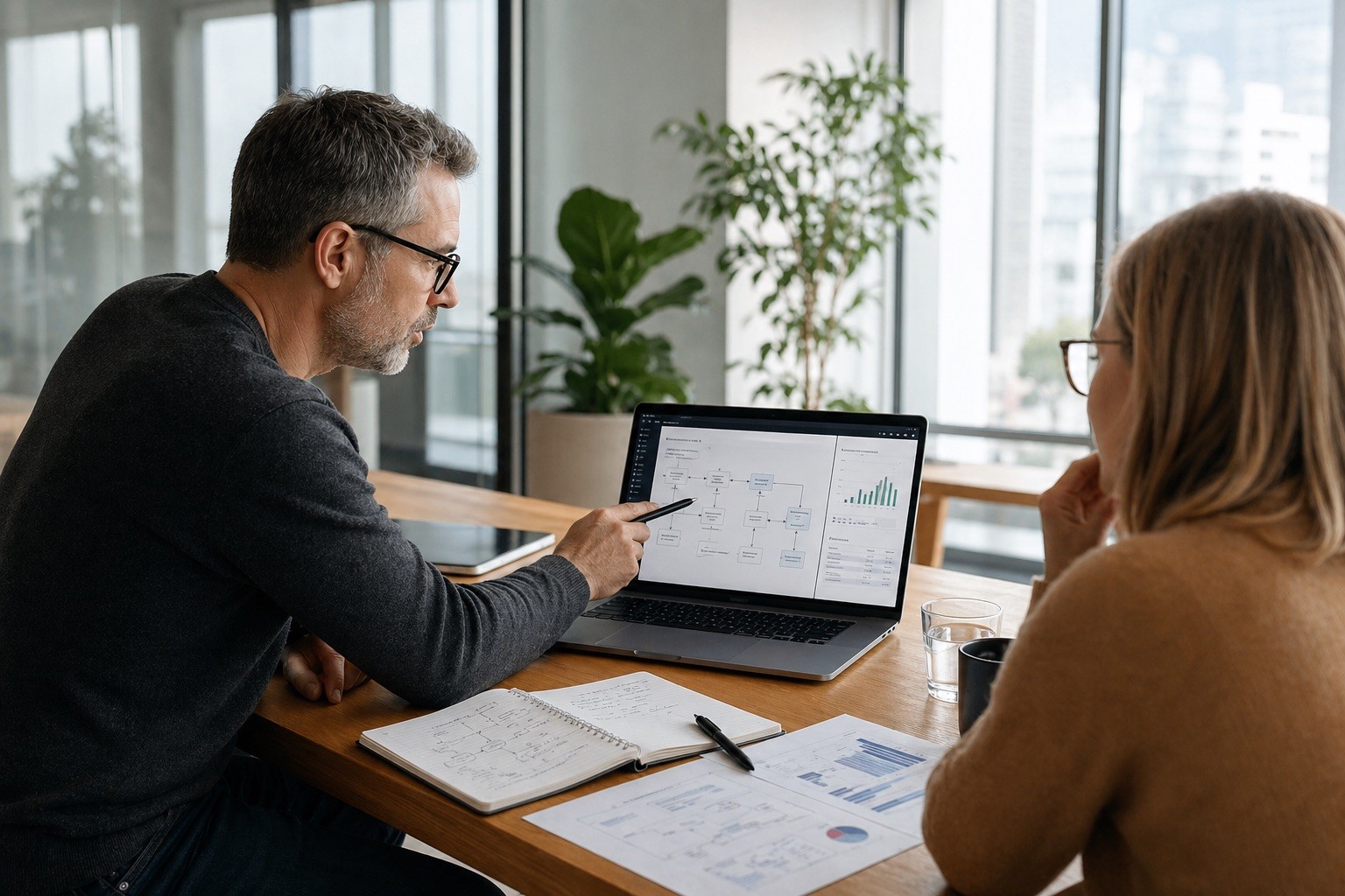 Man explaining charts on a laptop to a colleague