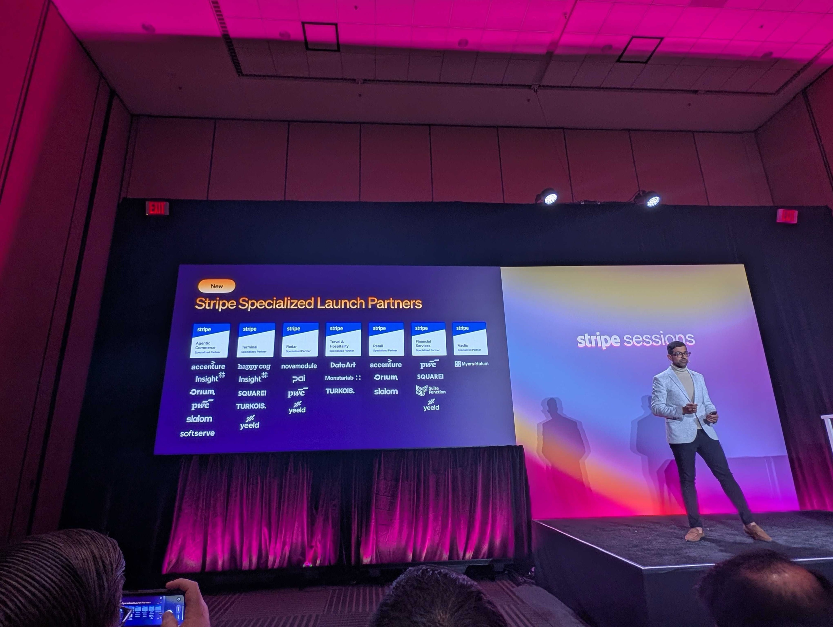Speaker on stage at Stripe Sessions presenting launch partners