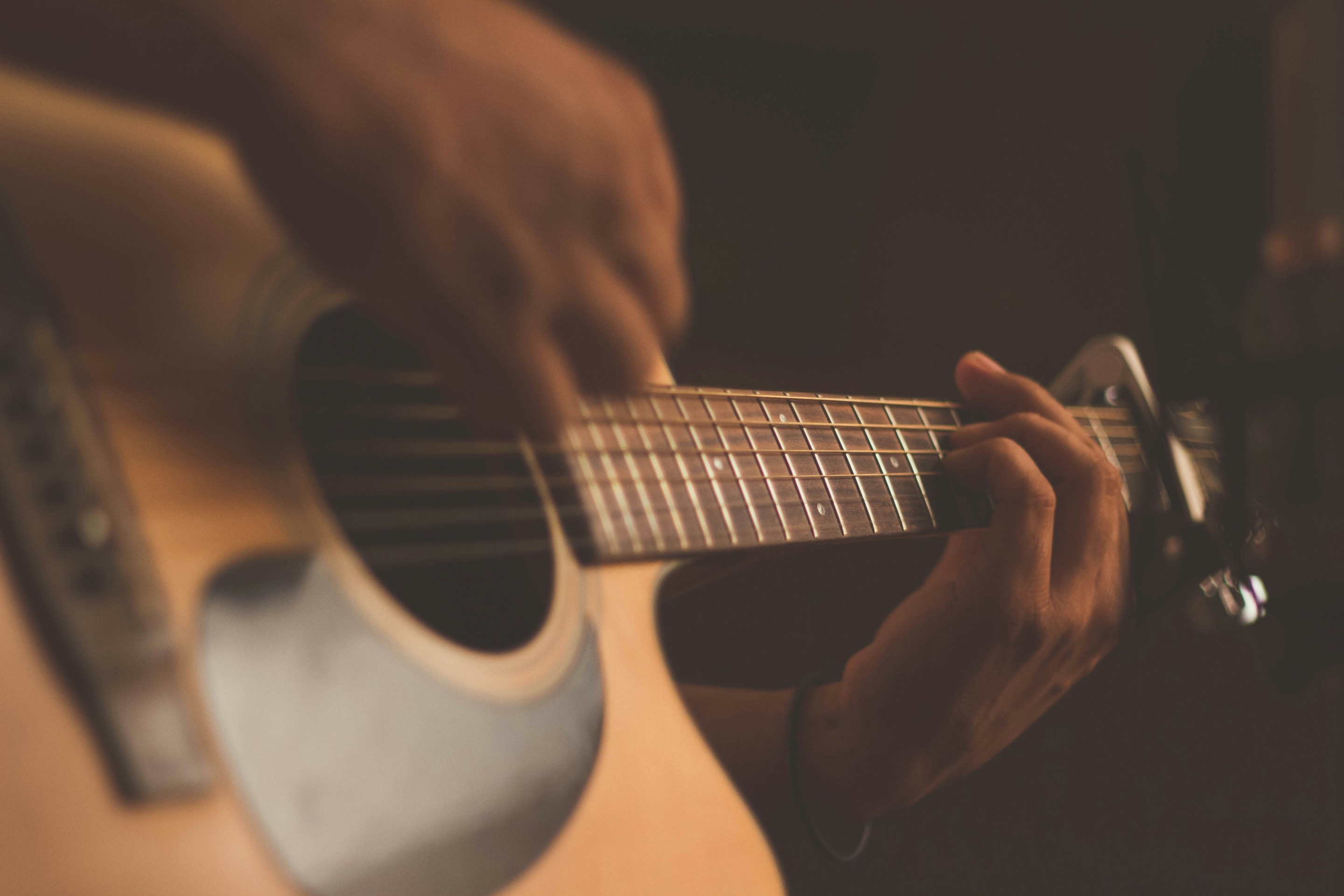 Close-up of hands playing an acoustic guitar