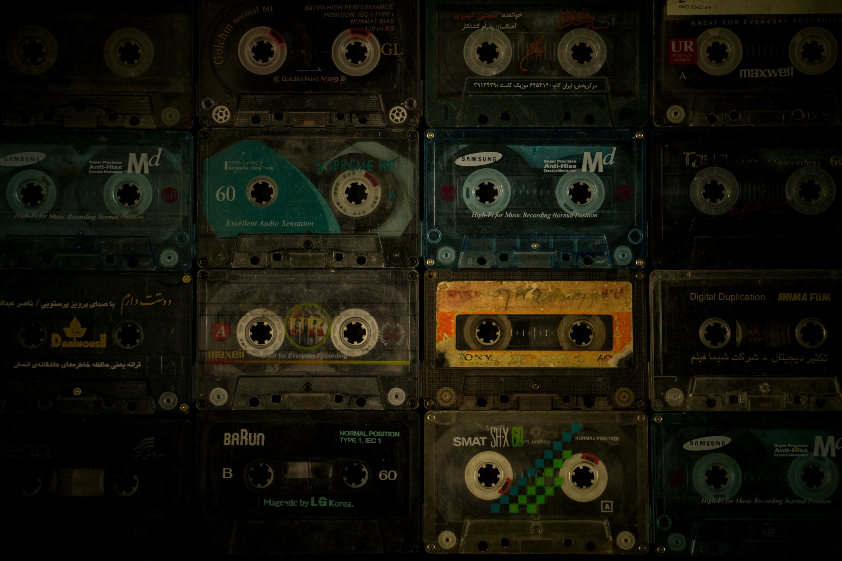 Wall of old audio cassette tapes