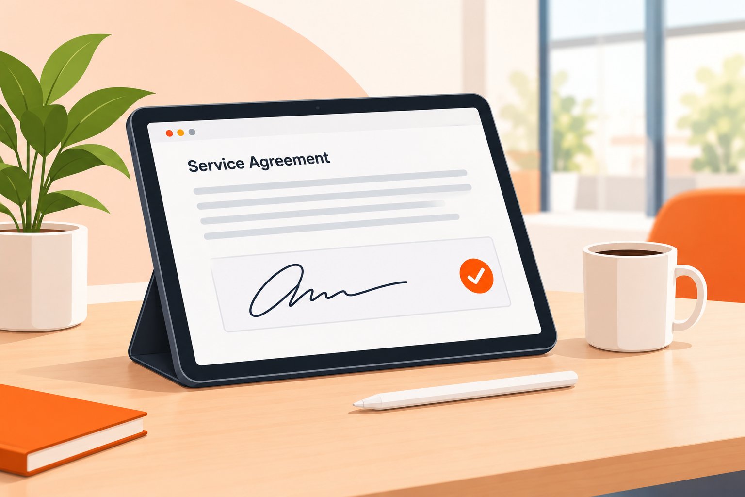 Illustration of a signed service agreement on a tablet stand beside a coffee mug