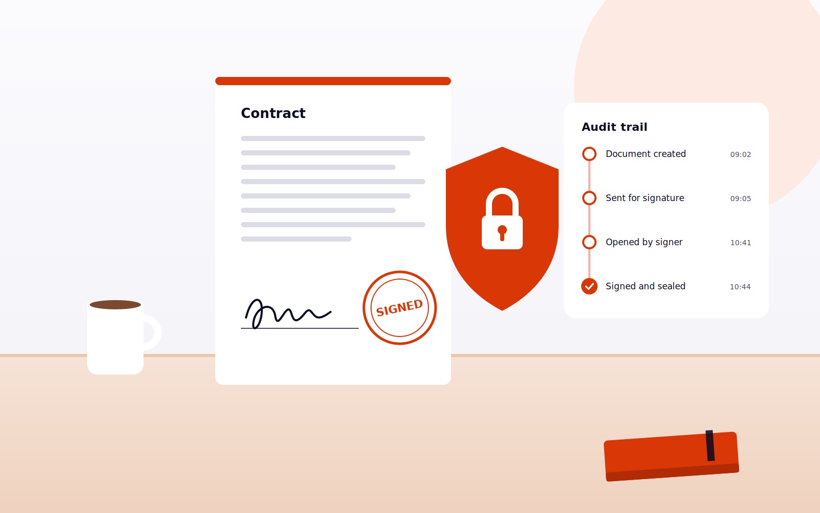 Illustration of a signed contract, a security shield and an audit trail
