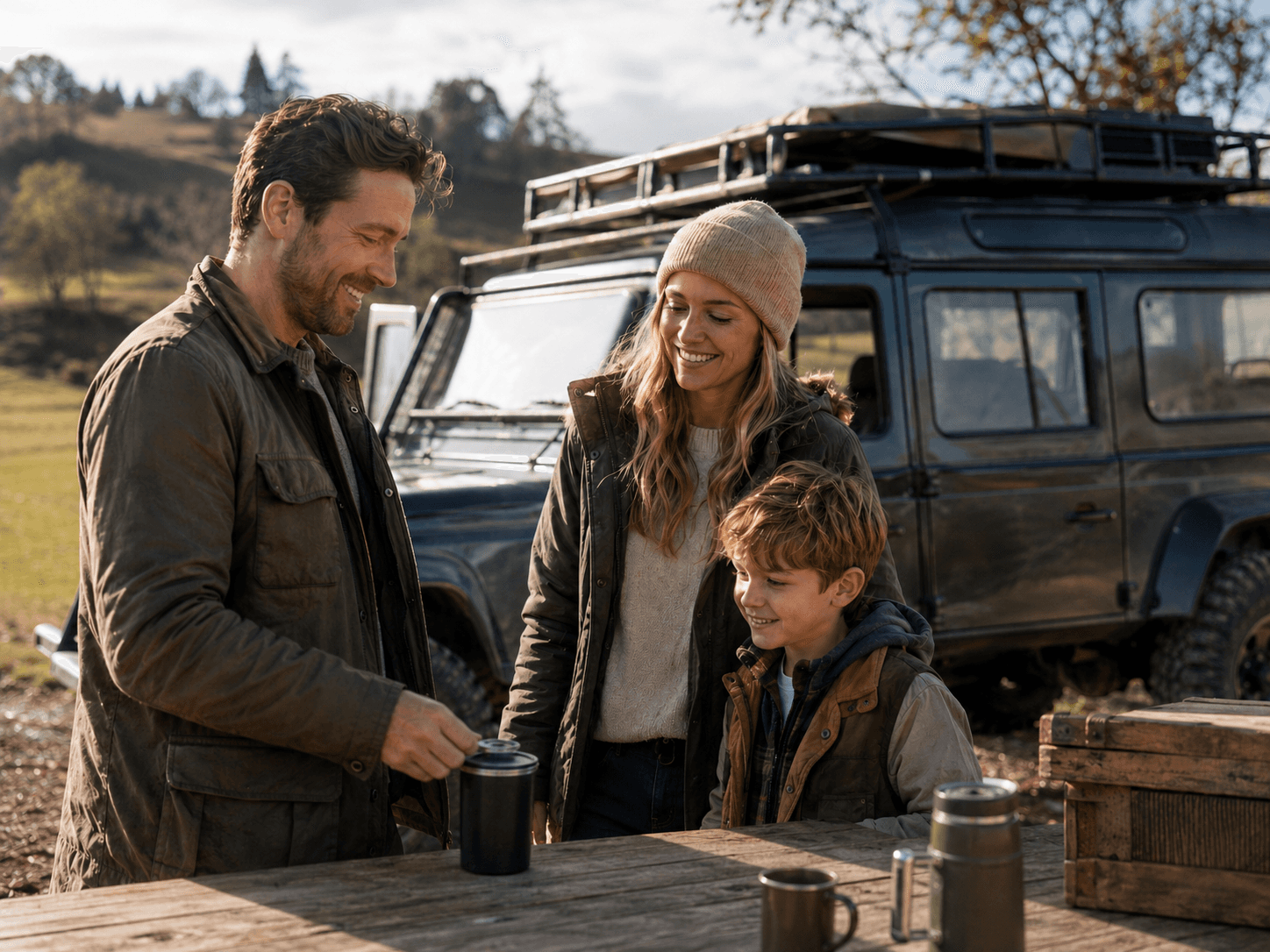 Family sharing hot drinks beside an off-road vehicle in the countryside