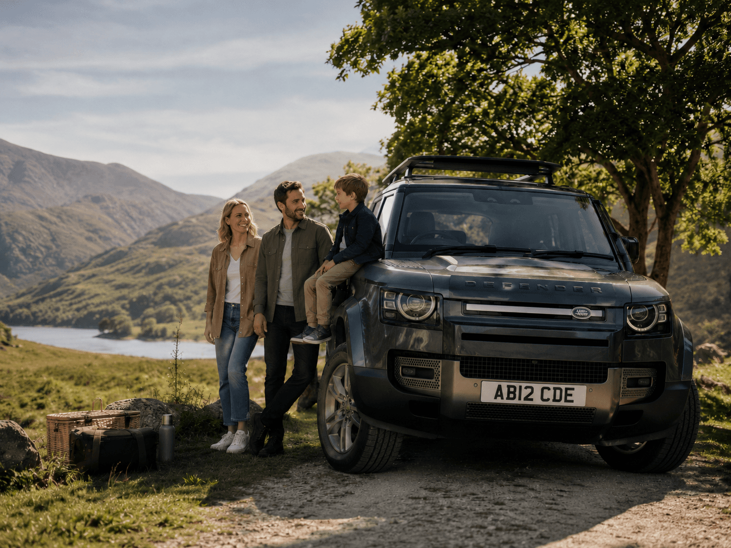 Family beside a dark off-road vehicle in a mountain valley