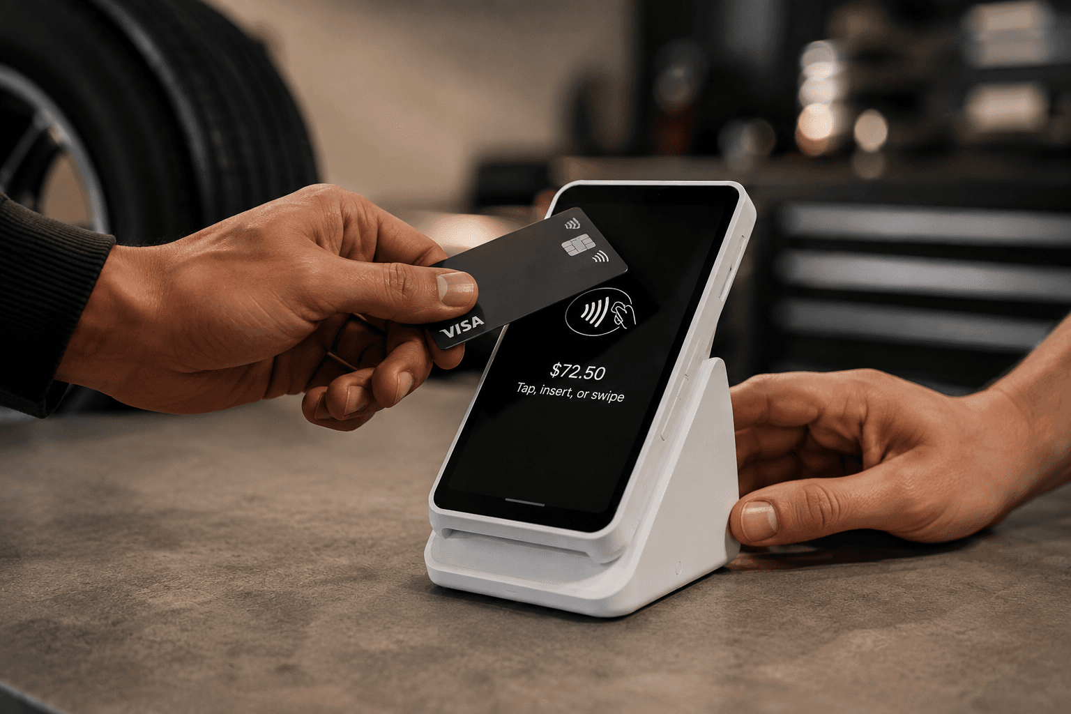 A customer tapping a card on an LR Centre payment terminal