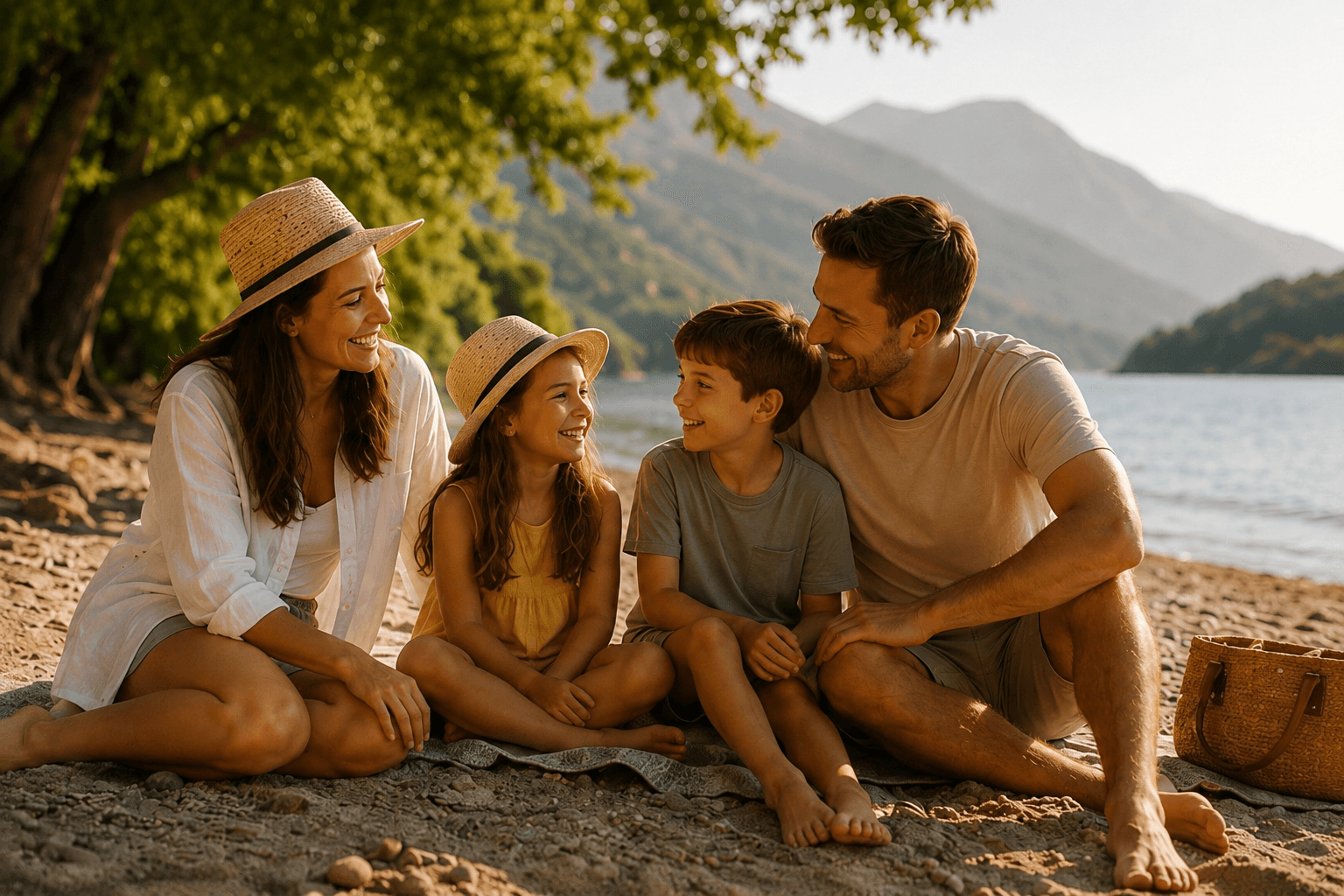 Family in sun hats sitting together on a beach