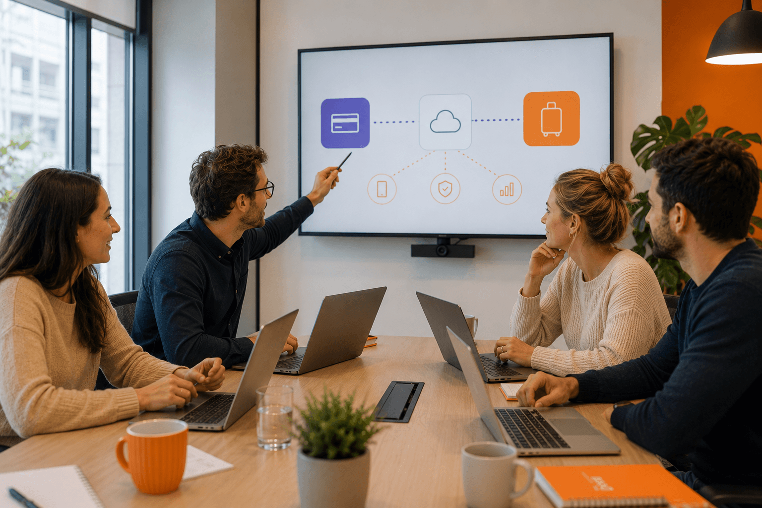 Team in a meeting room watching a payment flow diagram on a screen