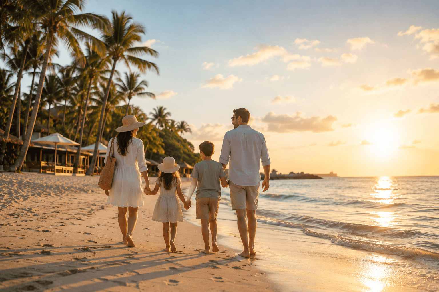 Family walking hand in hand along a beach at sunset