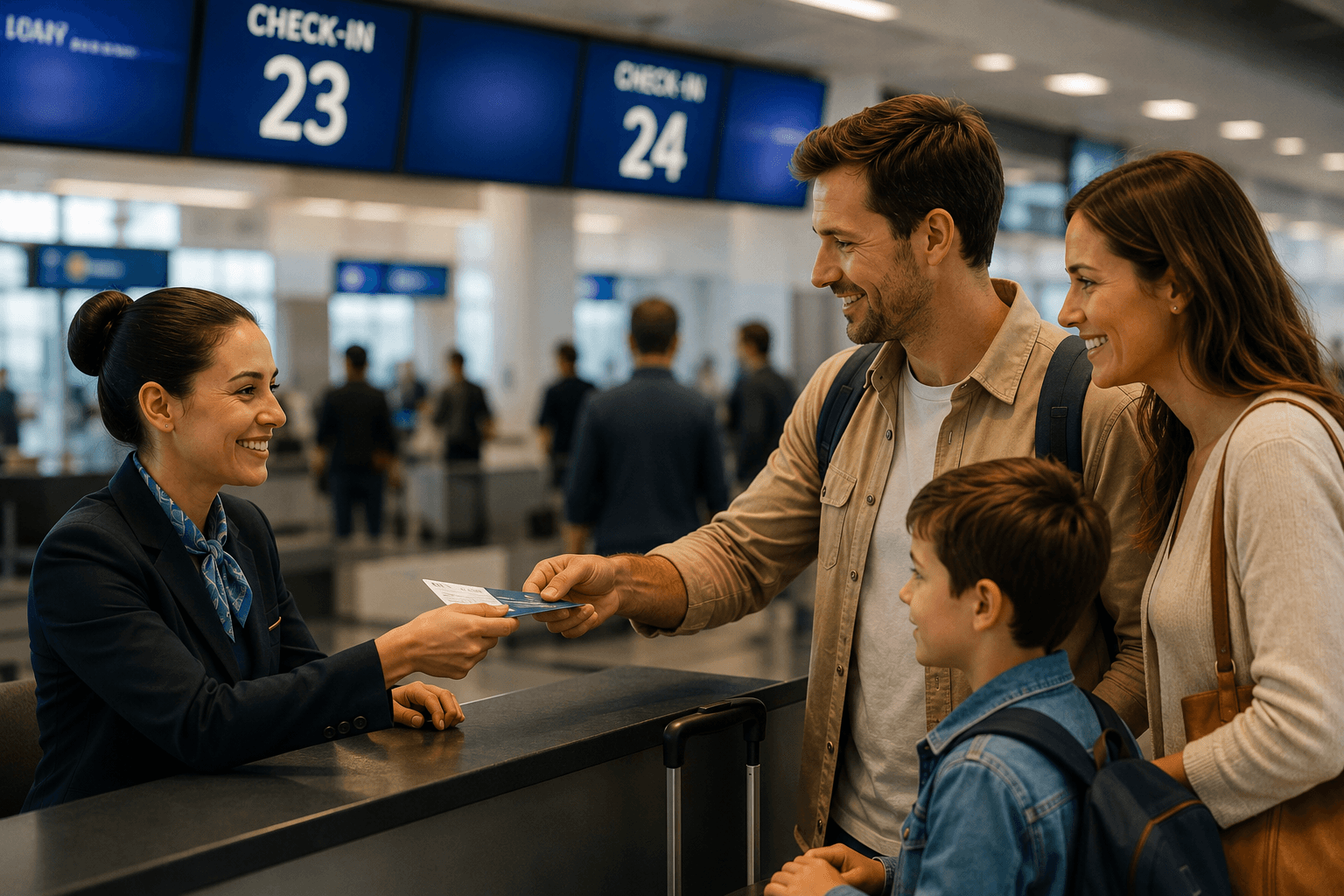 Family handing documents to an agent at an airport check-in desk