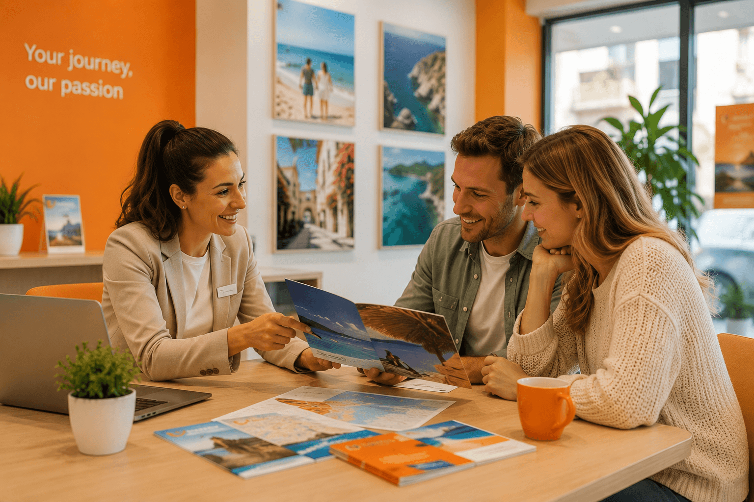 Travel agent showing a couple a holiday brochure
