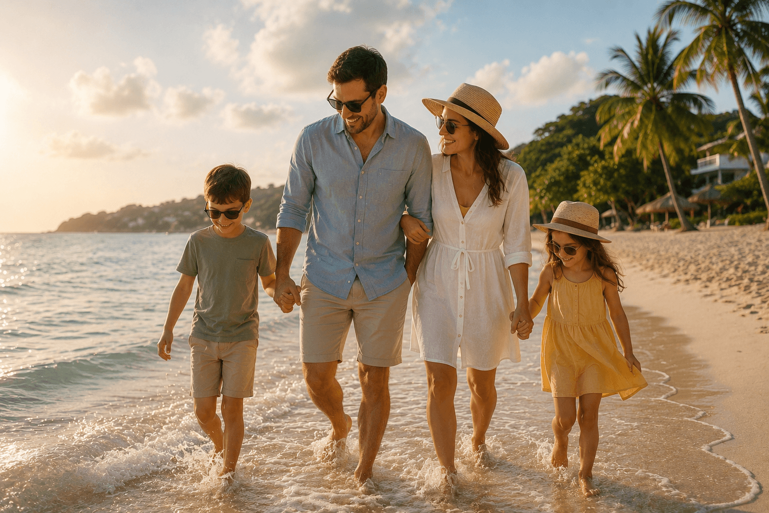 Family paddling at the water's edge on a tropical beach