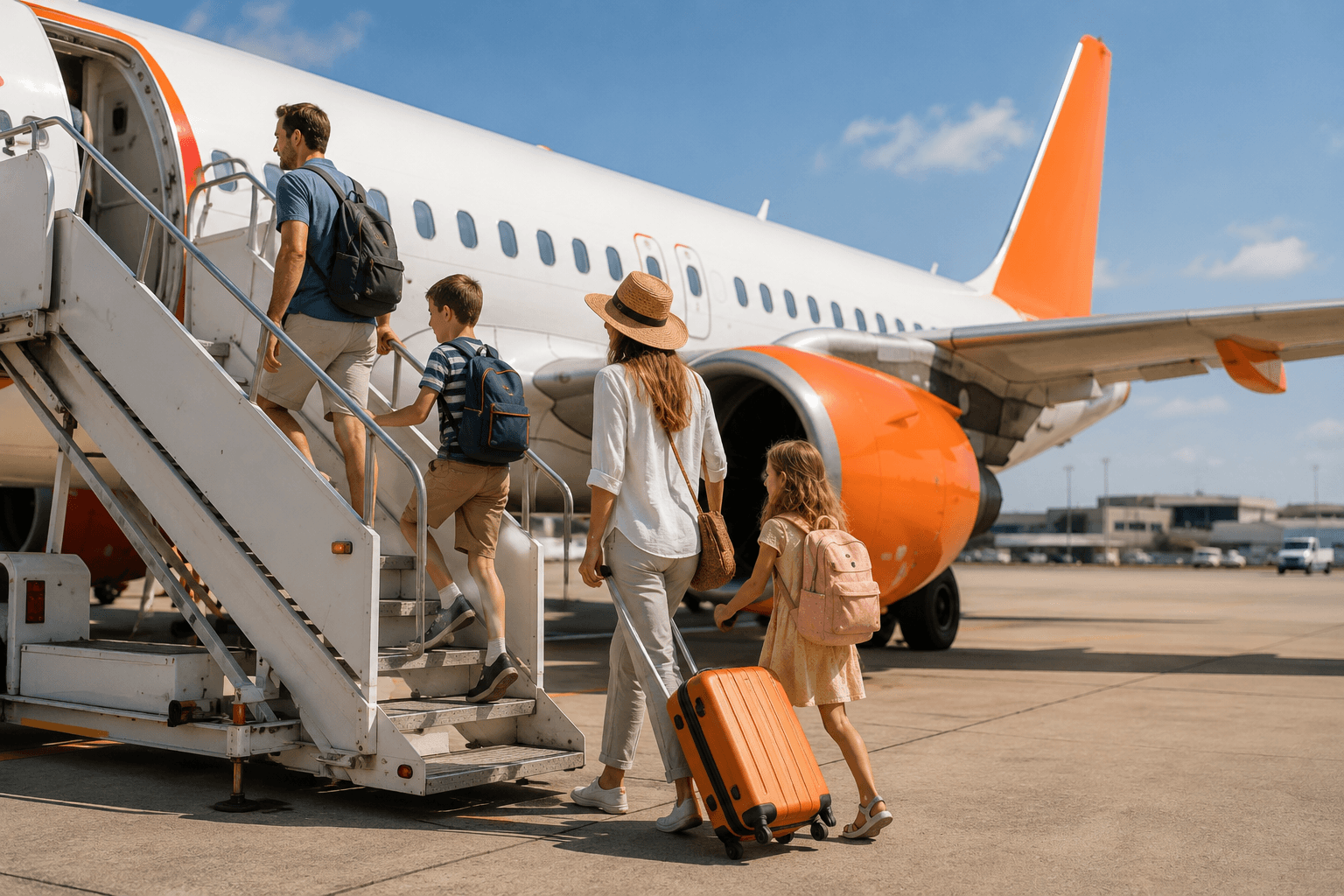 Family boarding an aeroplane with orange engines via airstairs